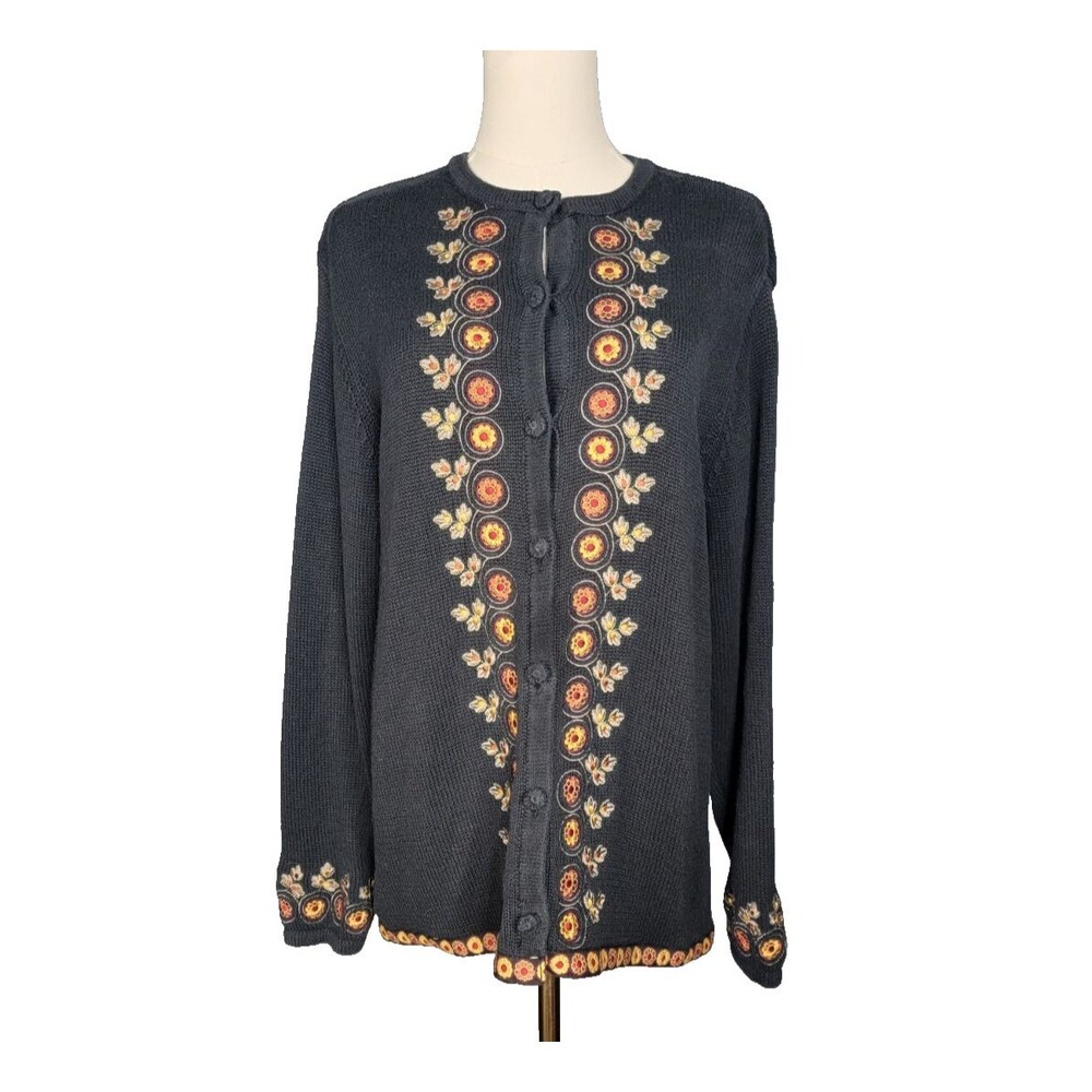 Vtg Bechamel Womens L Black Knit Embroidered Autum Leave Floral Button Cardigan
